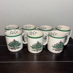 Spode Christmas Tree Mugs | Set of 7 | 3 1970s | Vintage Quilted Storage Case